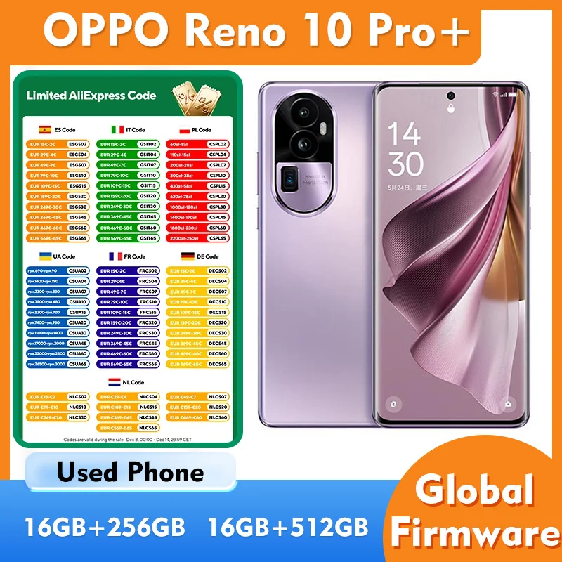 هاتف OPPO Reno10 Pro+ 5g الذكي CPU Snapdragon8+ Gen1 شاشة 6.74 بوصة جميع الألوان هاتف أندرويد مستعمل