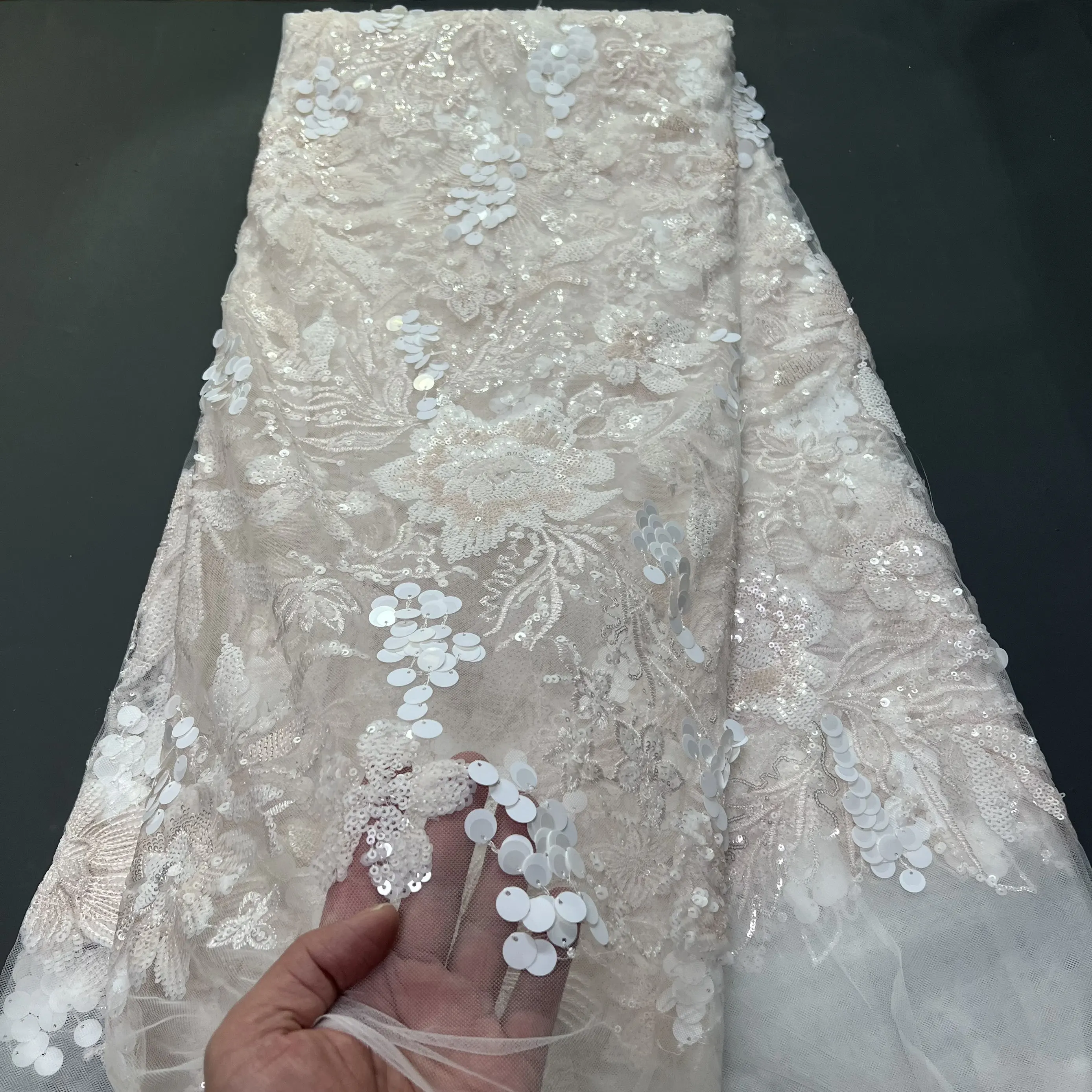 

2025 High Quality African Nigerian Embroidery Tulle Lace Fabric Wedding Party Dress Guipure Water Soluble Sequins 5Yards ZJ048