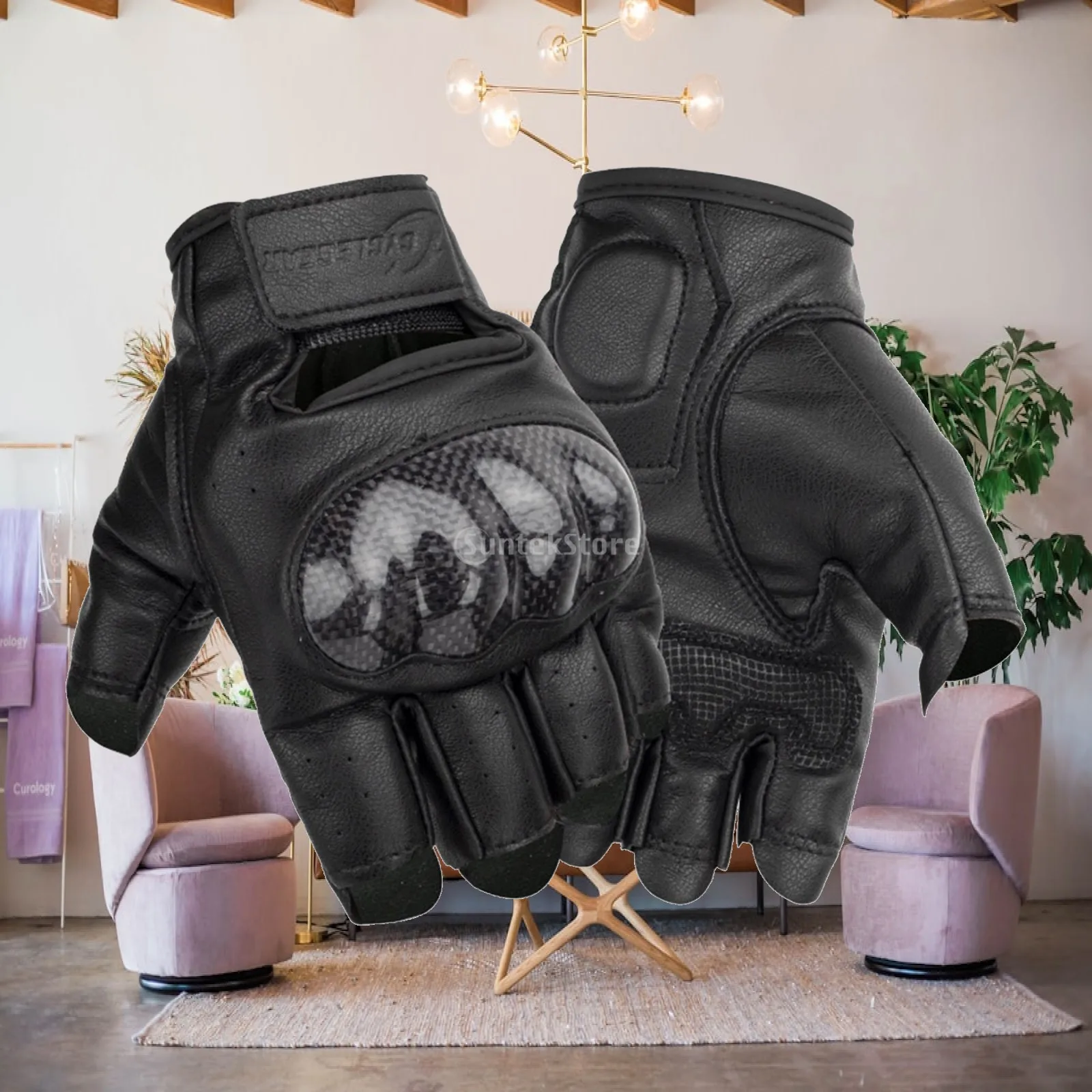 Motorcycle Gloves Half Finger PU Leather Fingerless with Carbon Fiber Protector Breathable Fit for Driving Riding Cycling