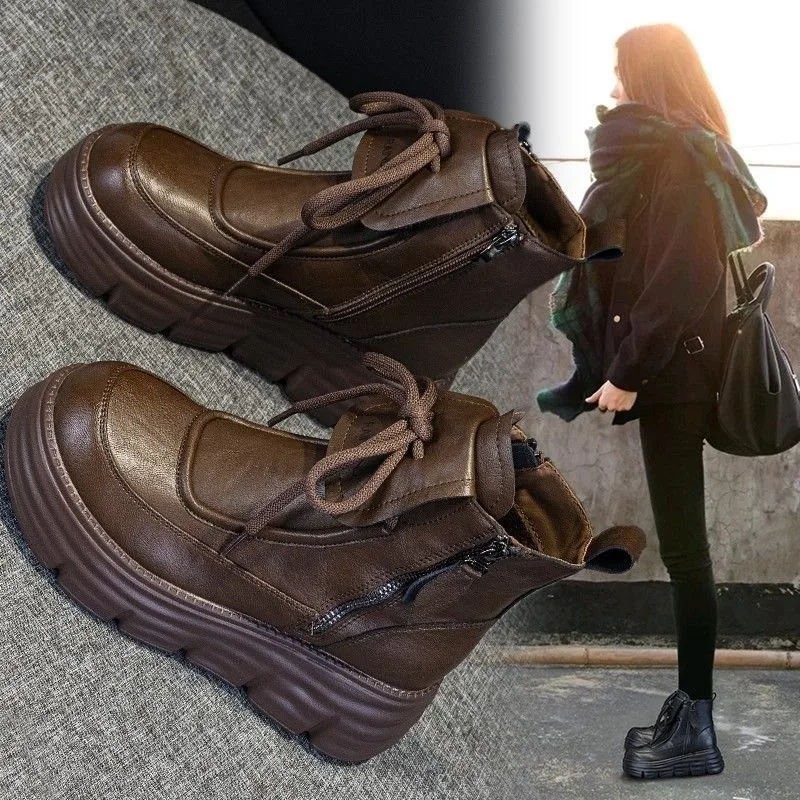 Punk Gothic Women Lace-up Platform Boots 9CM Heel Rock Style Leather Retro Short Boots Autumn Winter Handmade Women Casual Shoes