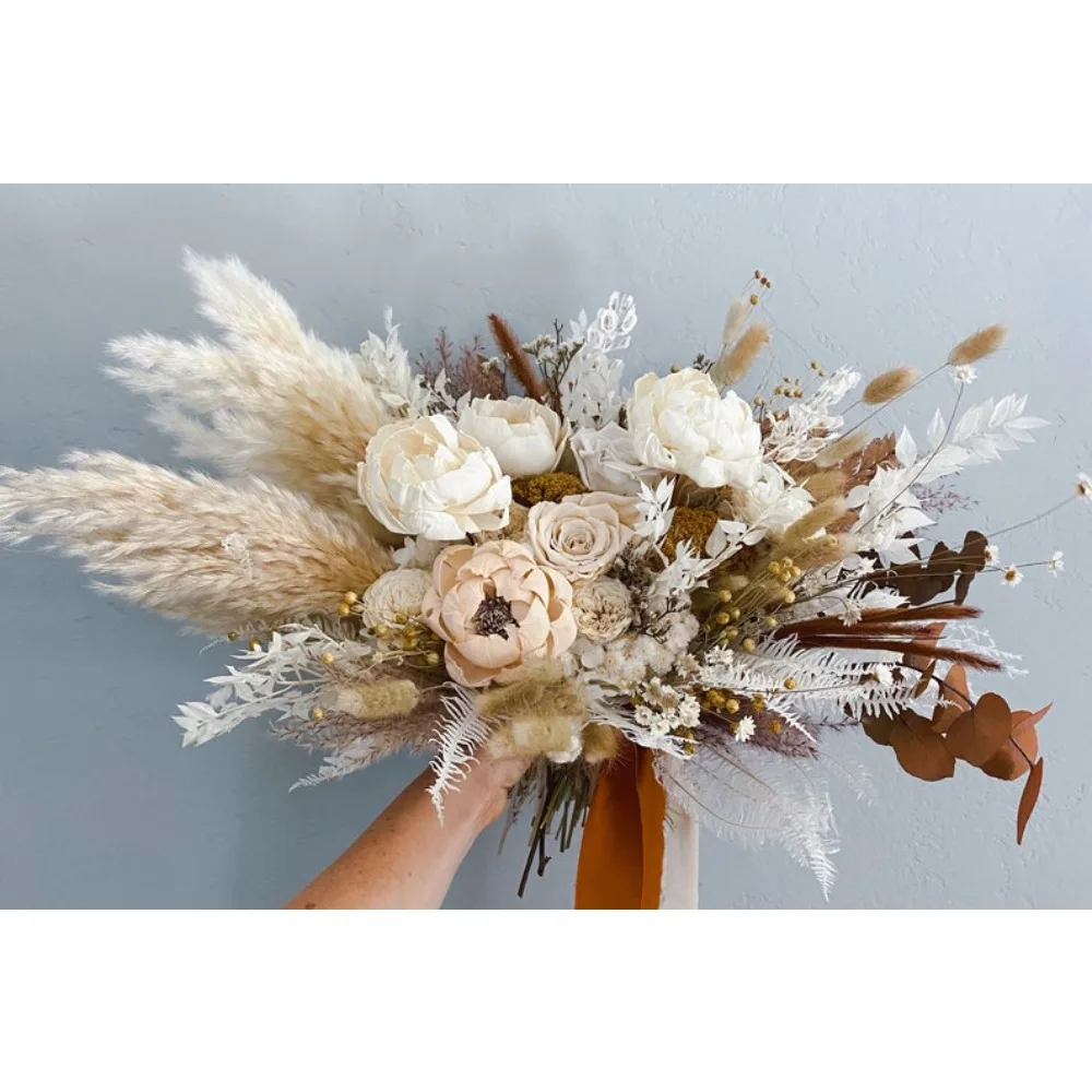 Dried Flowers,White Peony,Terra-cotta Bouquet,Bride and Bridesmaids,Wedding Flowers