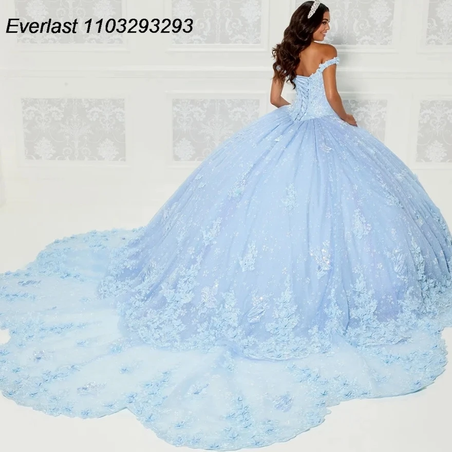 EVLAST gaun Quinceanera biru kustom gaun pesta renda Applique manik-manik kereta api lepas pasang manis 16 Vestido 15 aduduk TQD202