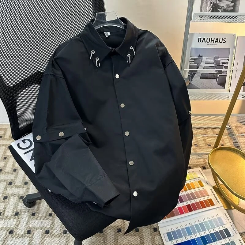 

Black Metal Design Short Sleeve Men's Shirt Detachable Long Sleeve Shape Outerwear Spring Regular Thickness Pure Color
