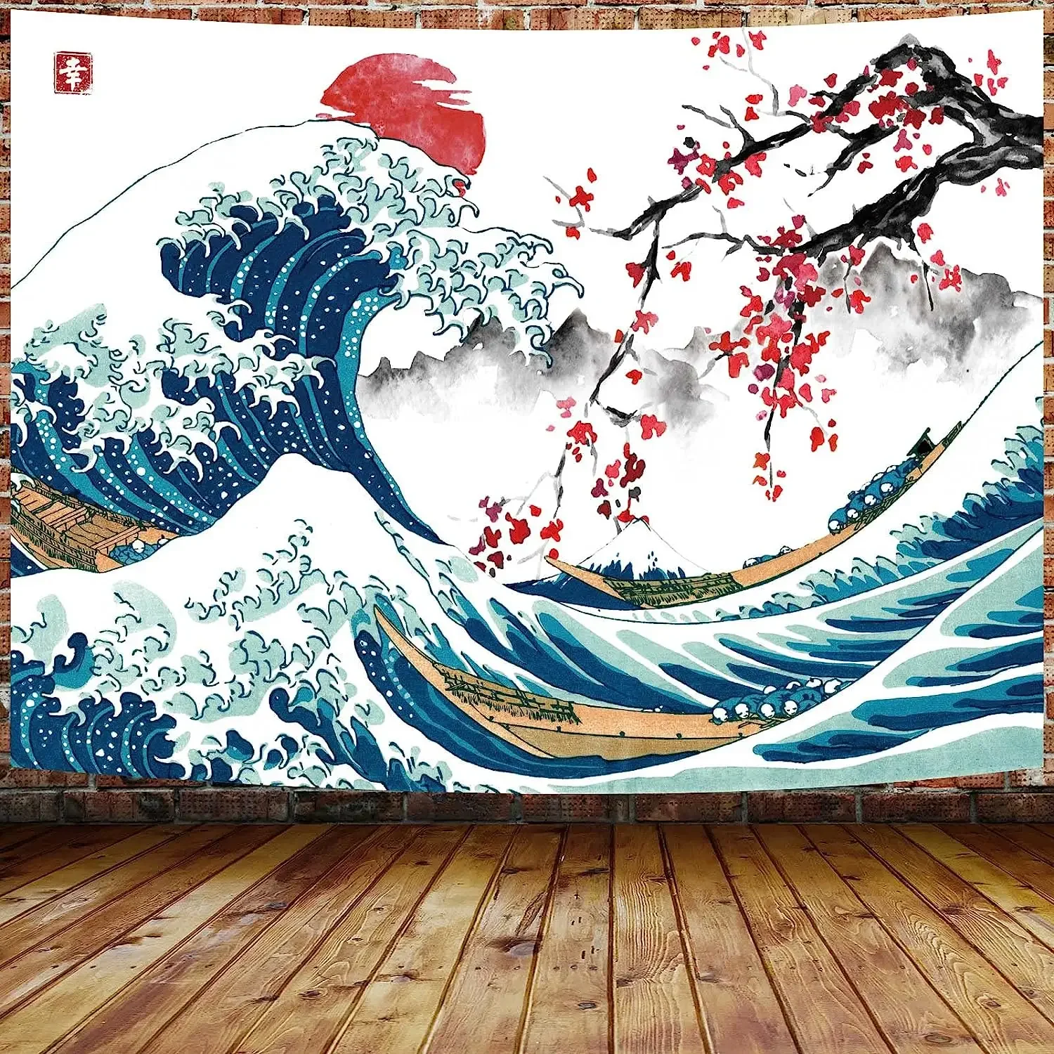 Tapiz japonés rosa, decoración de flores de cerezo, Ola de océano fresco, Anime asiático, montaña, Sol Rojo