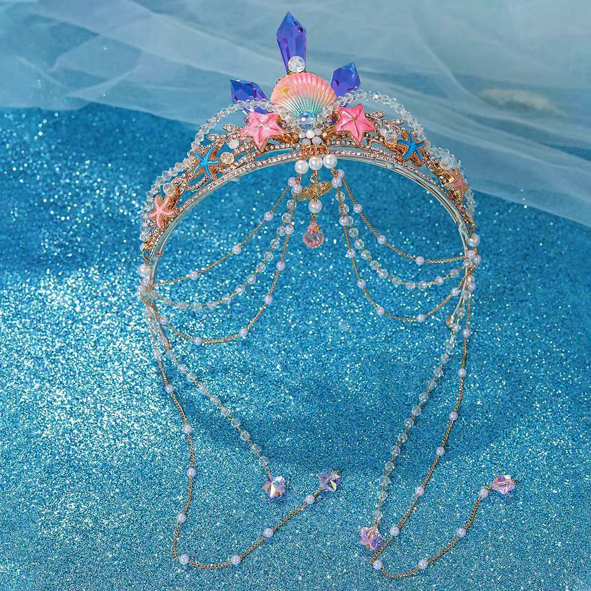 Ocean Style Shell Starfish Handmade Tassel Pearls Tiara Crown Women Adult Girls Elegant Hair Dress Birthday Party Accessories image 5