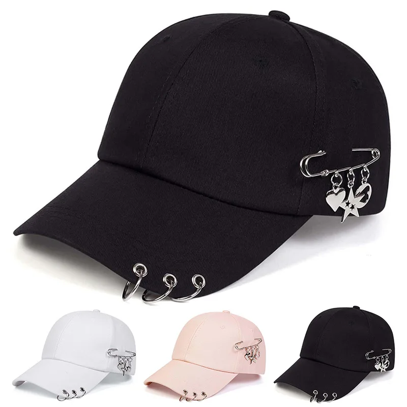 Y2K Safety Pin Baseball Cap Women Punk Metal Ring Charm Adjustable Polyester Sun Hat Casual Streetwear Curved Brim Trucker Caps