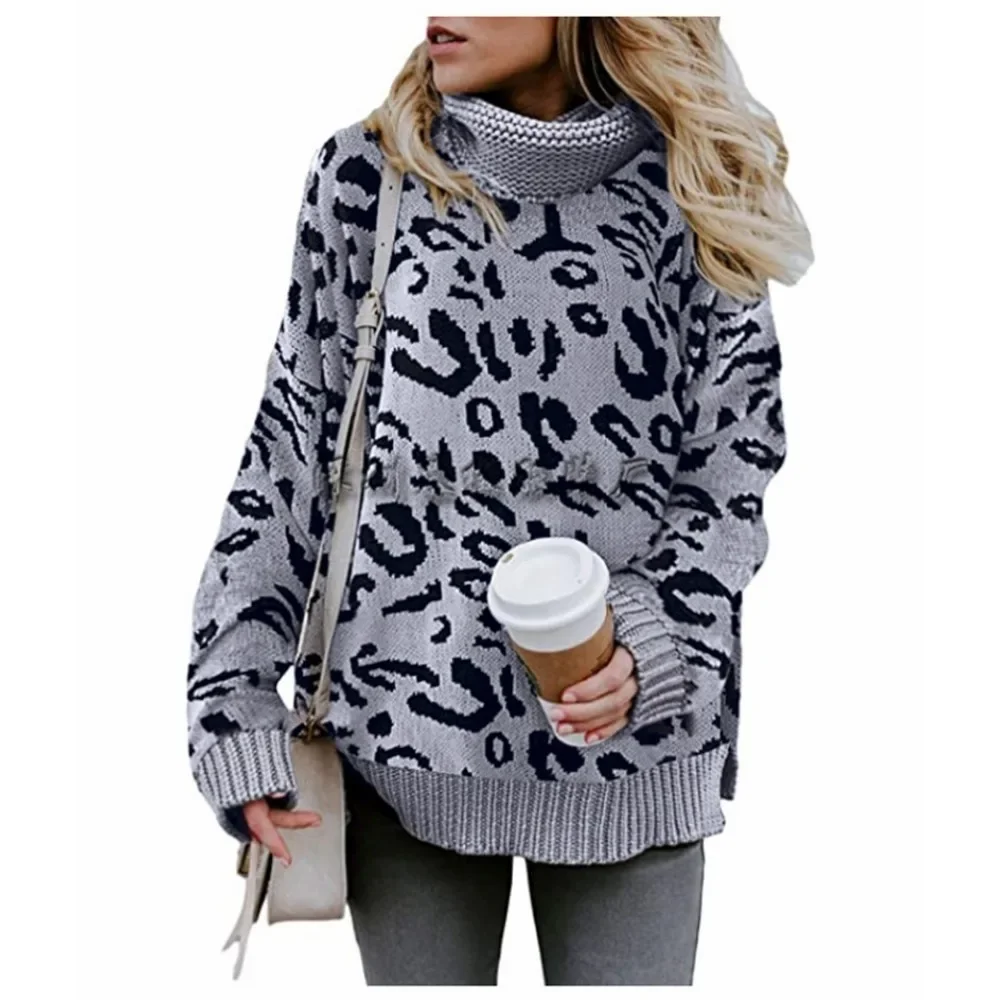 Autumn and winter new explosive models leopard print knit sweater loose big yards OL commuting pullover high neck sweater women