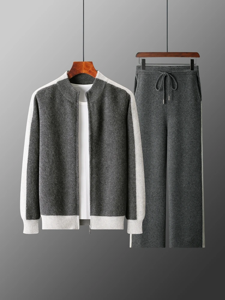 

CHICUU осенне-зимний мужской вязаный комплект из 100% шерсти, кардиган с воротником-стойкой, широкие брюки, повседневный спортивный стиль, кашемировый свитер, брюки