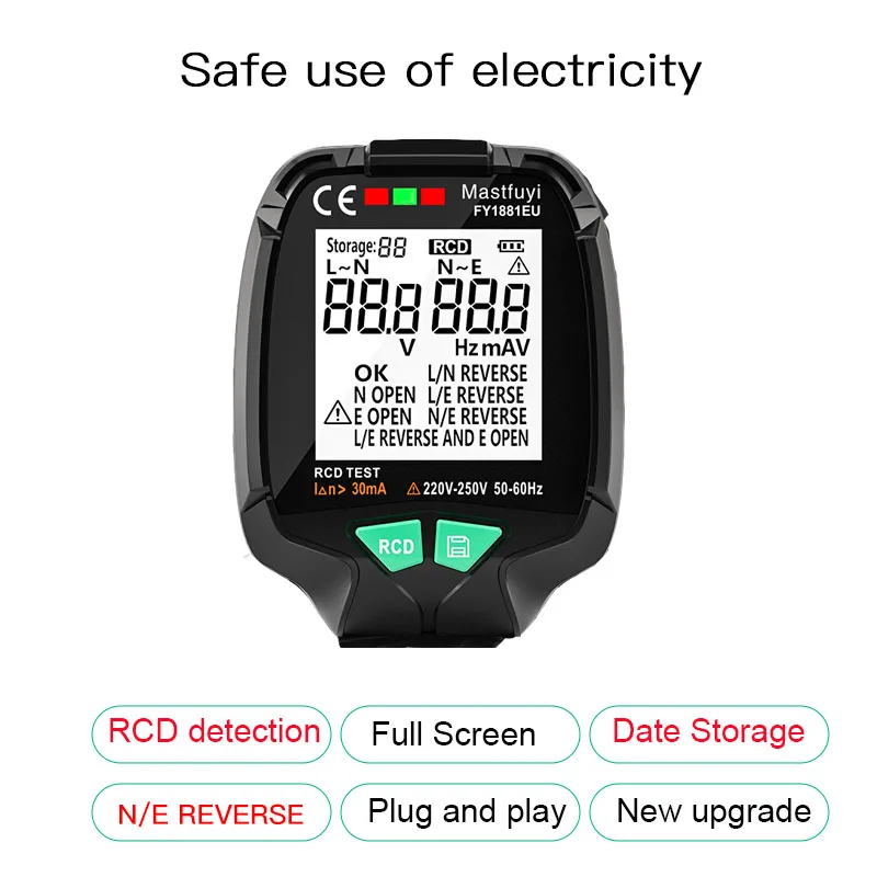 FY1881 Digital Smart Socket Tester Voltage Test Socket Detector US/UK/EU Plug ENull Line Phase Check RCD Test Data Storage