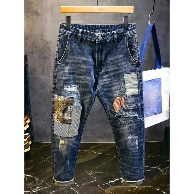 Retro Spliced ​​jeans Men's Trendy Brand Ripped Bear Patch Loose Classic Man Pants Rhinestones Denims Tears Streetwear for Man