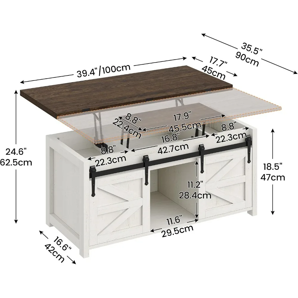 Lift Top Coffee Table with Storage, 4-in-1 Farmhouse Wood Center Table, Antique White