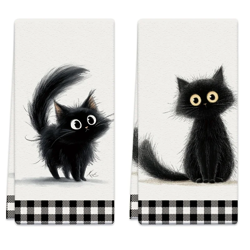 2Pcs, Black and White Checkered Black Cat Kitchen Towels, 40Cm*60Cm Towel Set, Super Absorbent Soft Cleaning Cloth, Cooking and Baking Tea Towel, Hand Towel, Cleaning Cloth, Dishcloth, Kitchen Decoration, Living Room Decoration, Kitchen Essentials, Home Essentials