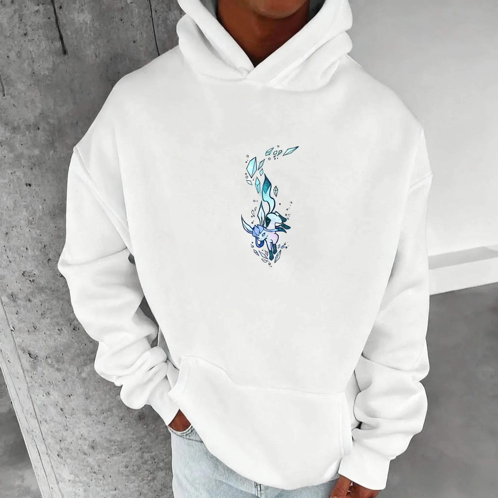 Pokémon Anime Co-branded Geschilderde Hoodie Herfst/Winter Heren Nieuwe Glaceon Gedrukt Amerikaanse Casual Losse Ouder-kind Trui Top