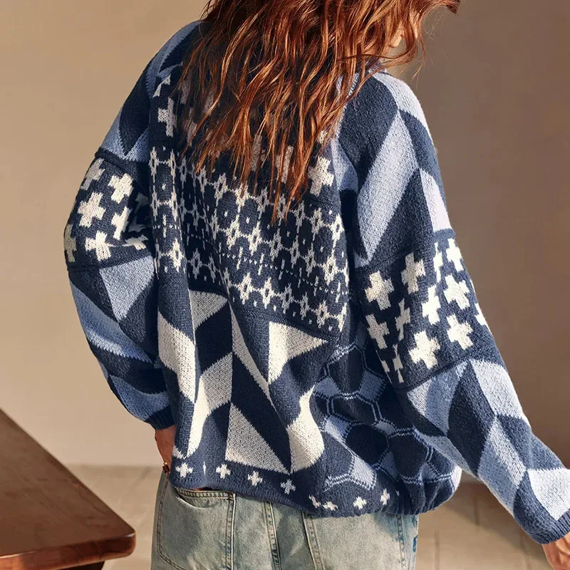 

Winter Casual Long Sleeve Pocket Knit Outercoat Autumn Elegant Soft Hooded Jacket Women Fashion Pattern Print Loose Short Coats