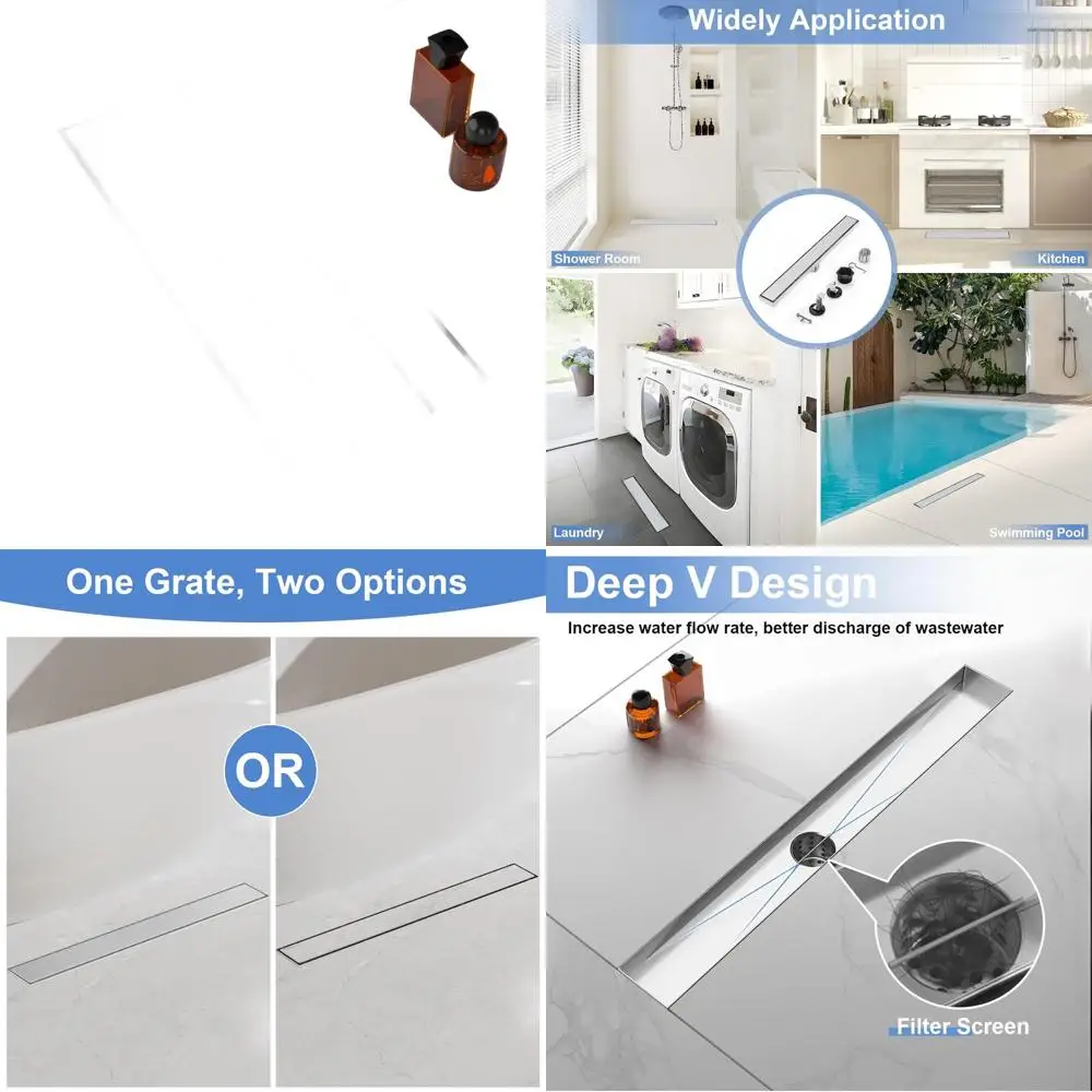 

32 Brushed Nickel Linear Shower Drain with Tile Insert, SUS 304 Stainless Steel, Adjustable Feet, Hair Catcher, Suitable for Bat