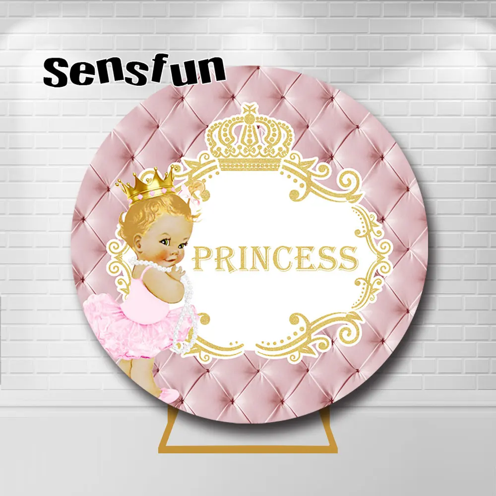 Pink Headboard Royal Princess Round Backdrop Gold Frame Crown Glitter Cylinder Covers For Girls Baby Shower 1st Birthday Party