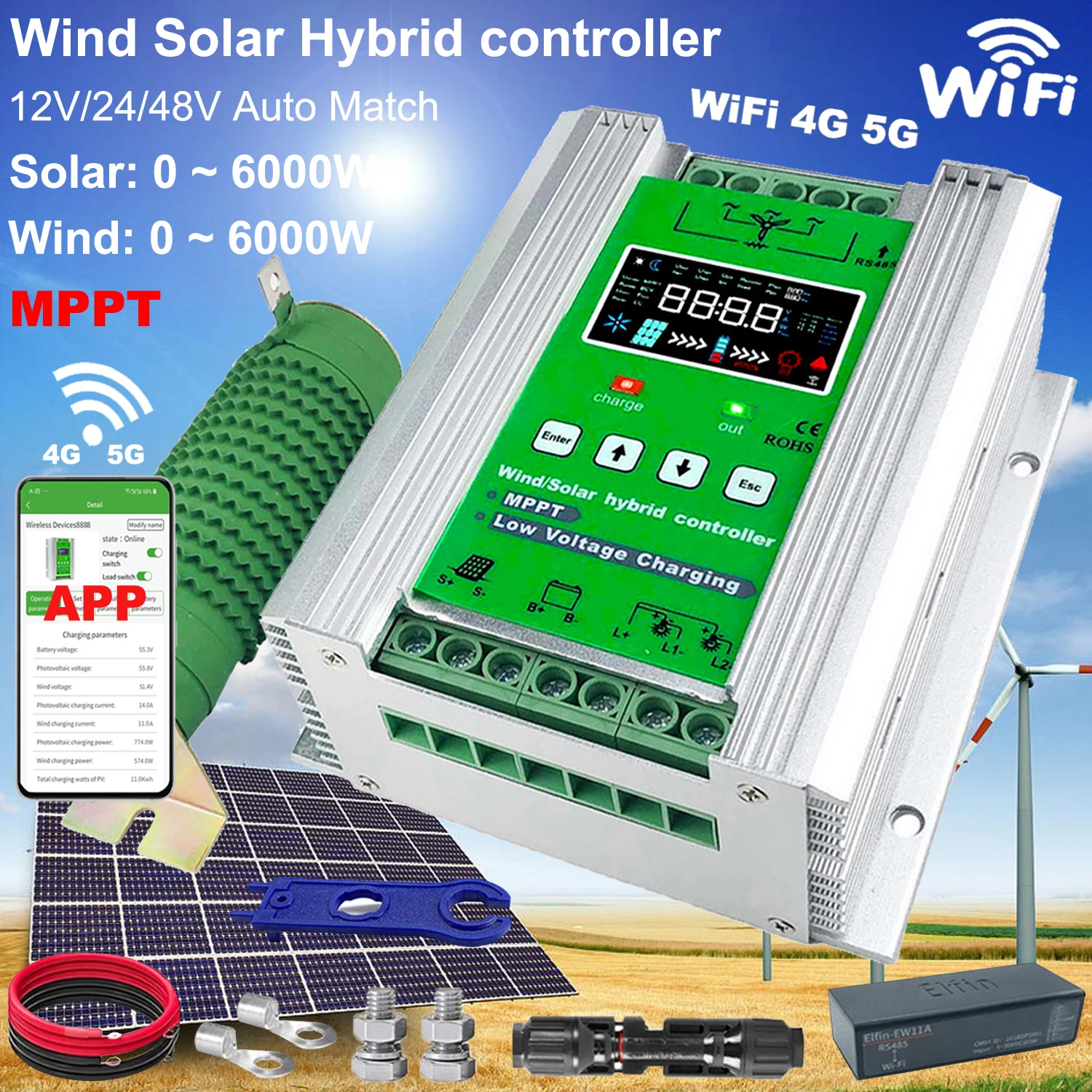 5000W 6KW Hybrid Wind Controller MPPT Board Solar Panel Charger Battery Equalizer LCD Display For Lifepo4 Lithium All Battery