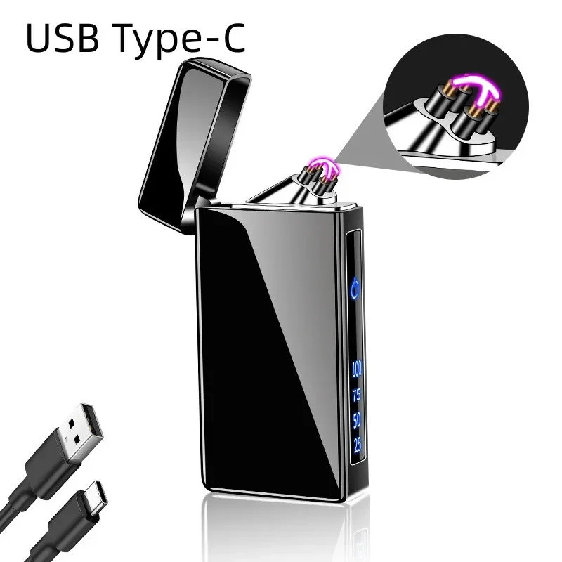 Windproof Metal Lighter Dual Arc Flameless Plasma Rechargeable USB Type-C Lighter LED Power Display Touch Sensor ElectricLighter