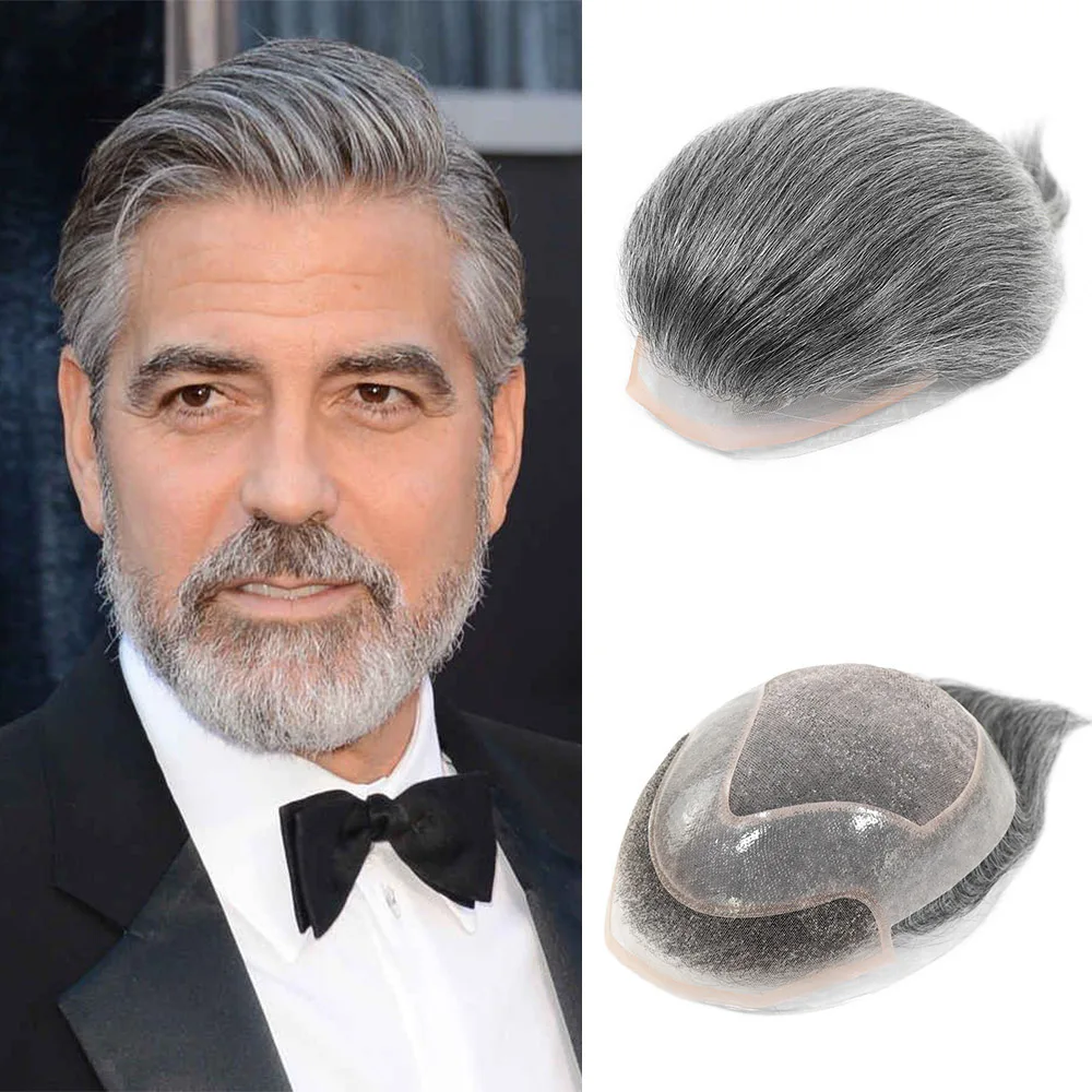 Grey Men's Toupee Lace Front Hair Replacement System Human Hair Prosthesis Back Style Breathable Mono PU Male Wig Hairpiece
