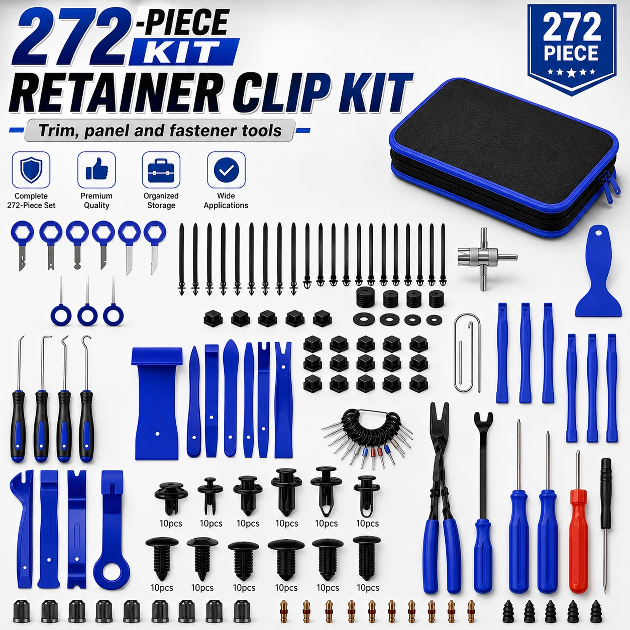 272pcs Automotive Trim Removal Tool Kit with Fastener Clips, Repair Accessories And Storage Case for Garage DIY Vehicle Maintenance