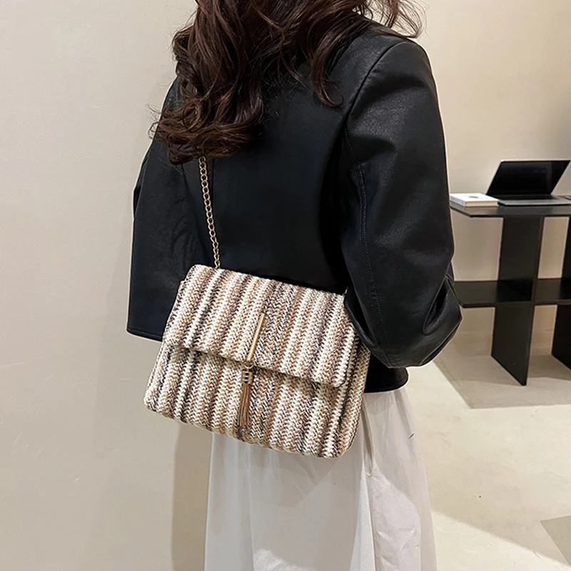 Korean version Fashion Women Rainbow Striped Chain Shoulder Bag Flap Crossbody Bags Girl Phone Bags Tassel decor Woven beach bag