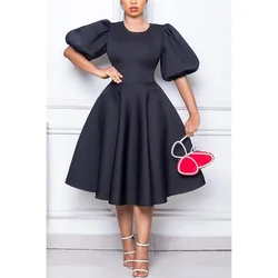 Robe mi-longue décontractée à col rond pour femme, manches bouffantes, coupe couvertes, ligne A, noir, grande taille