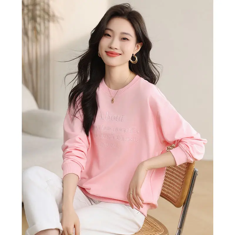 

2024 Spring Autumn Women's New Splicing Pullovers O-Neck Embroidery Letter Fashion Solid Loose Casual Long Sleeve Sweatshirts