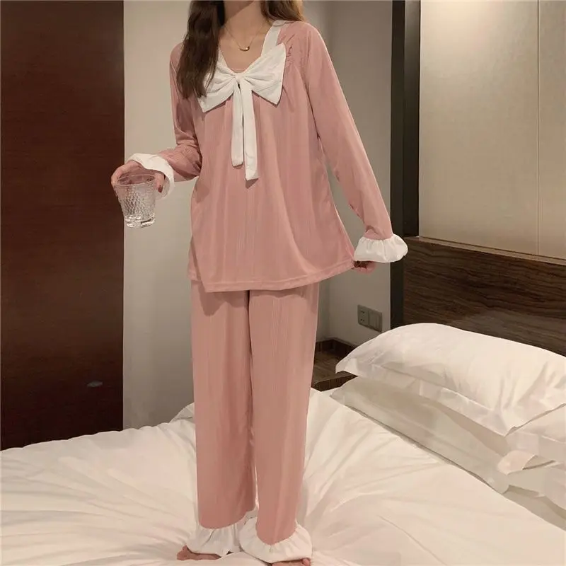 Women's Pajama Set 2-Piece Long Sleeve Full Length Pants, Big Bow Ruffled Cuff Ribbed Sleepwear Loungewear Nightwear Winter Gift