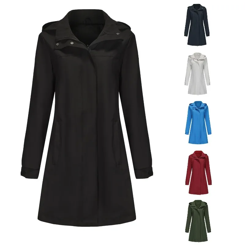 Women Mid‑Length Hooded Windbreaker Jacket Zip Up Snap Button Casual Loose Waterproof Outerwear Spring Autumn Trench Coat