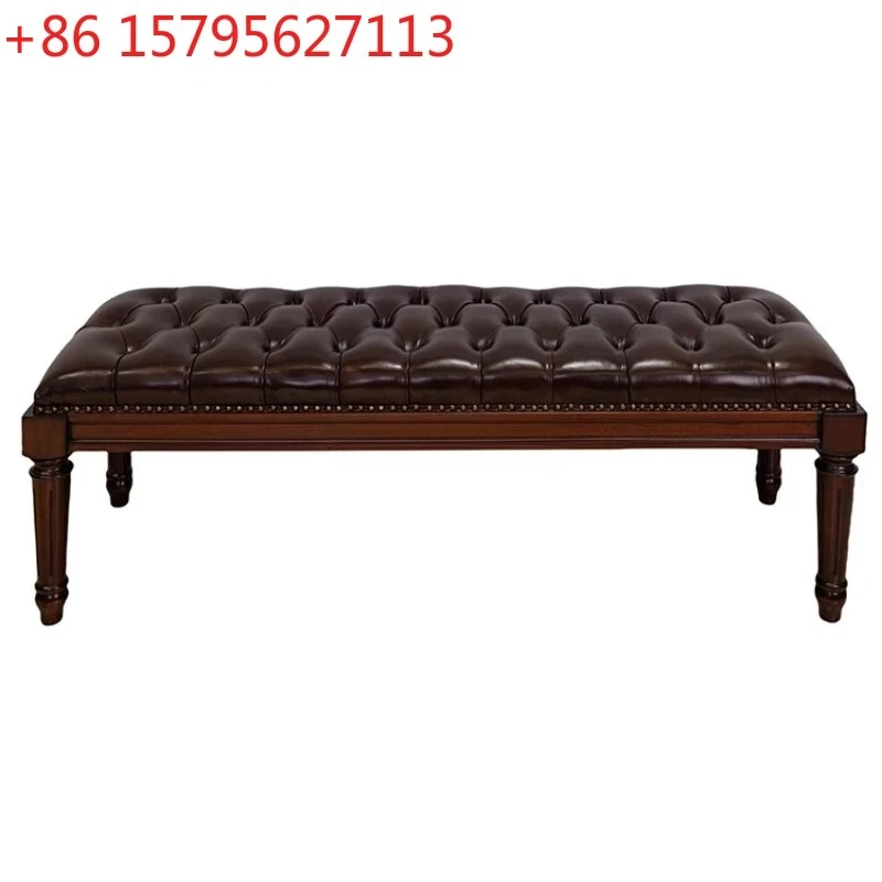 

American Style Solid Wood Bed End Stool Bedroom Cowhide Genuine Leather Soft Cushion Long Bench