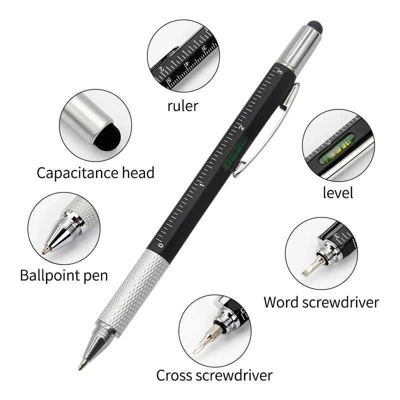 7 in 1 Multi Ballpoint Pen With Modern Handheld Tool Measure Technical Ruler Screwdriver Touch Screen Stylus Spirit Level Tools