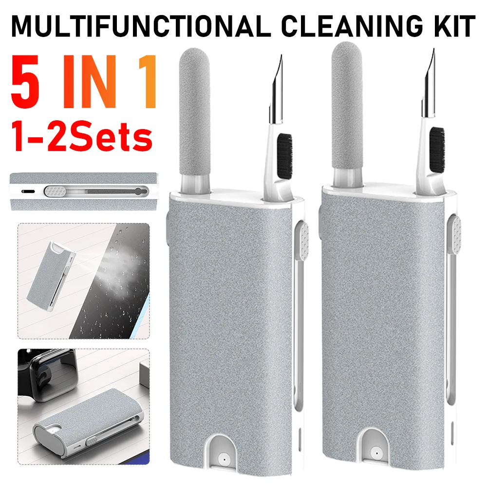 1-2Set 5 in 1 Cleaning Tool With Spray Earphone Port Cleaning Pen Screen Cleaner Kit Wireless Earbuds Case Cleaner For Airpods 4