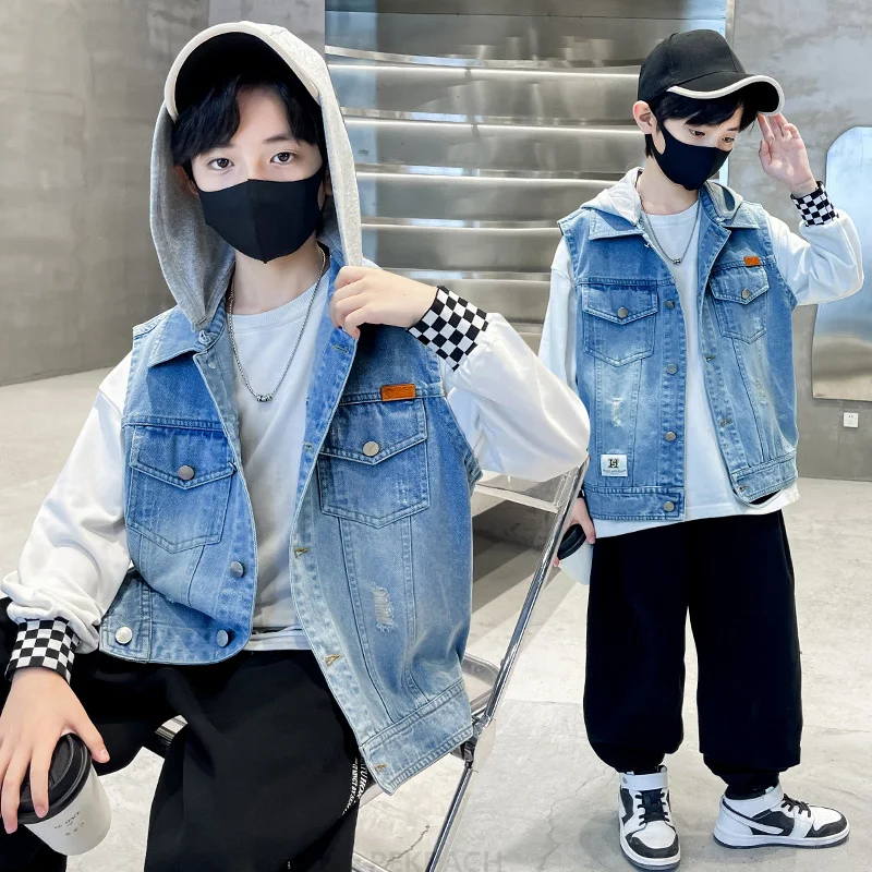 

Fashion Casual Children's Clothing Boys Autumn Sleeveless Denim Jacket with Hoodie For Kids Teenager Jeans Vest Hooded Waistcoat