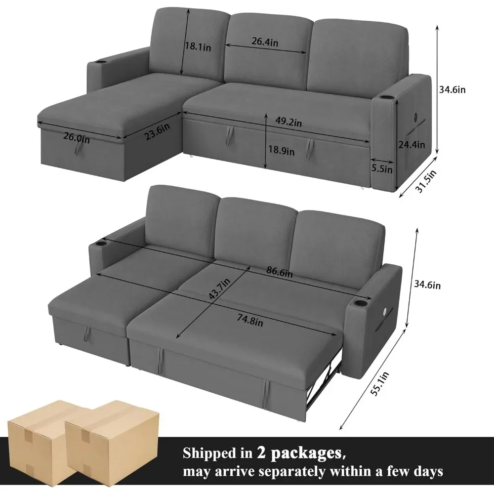 87" Pull Out Sleeper Sofa Bed with Storage Chaise, Reversible 2 in 1 Sectional Sofa Bed with Charging Station and Cup Hol