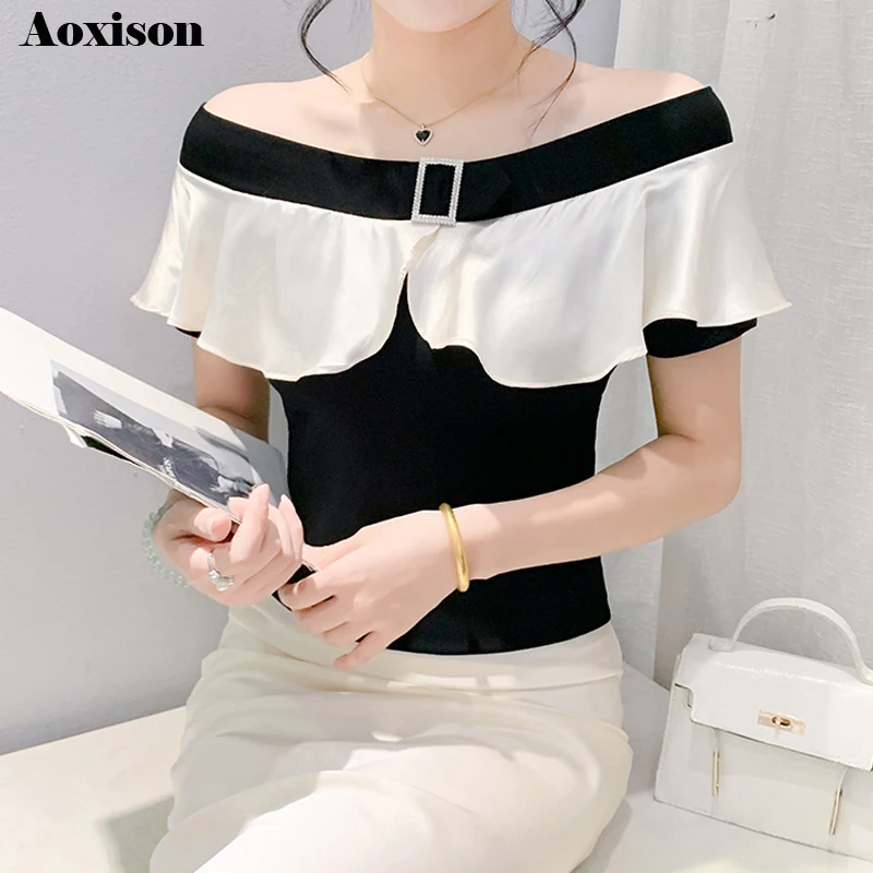 2024 New Summer European Clothes T-Shirt Fashion Sexy Off Shouler Collar Patchwork Diamonds Women Tops Ruffles Short Sleeve Tees