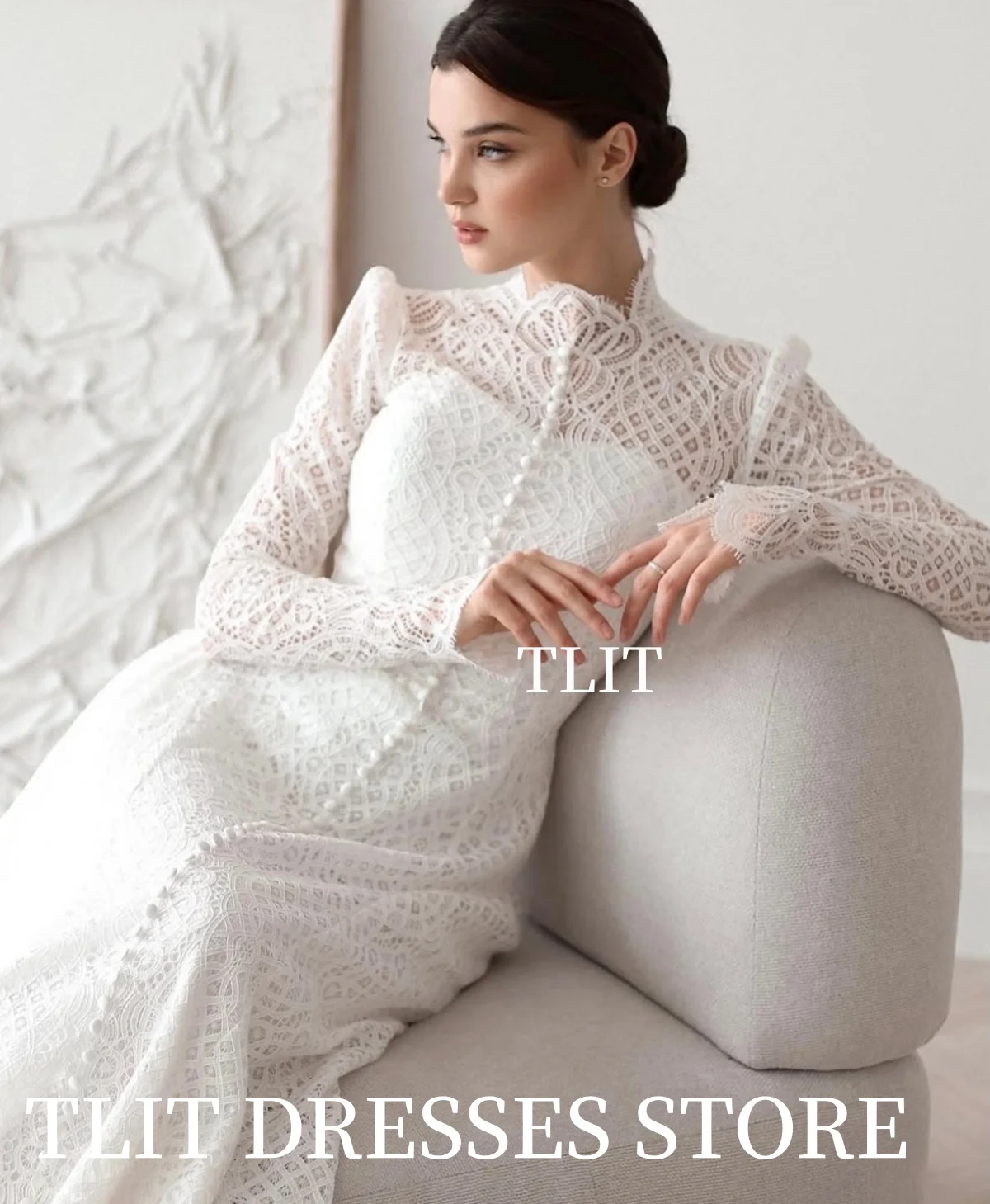 فساتين زفاف حورية البحر من الدانتيل الفاخر من TLIT مخصصة برقبة دائرية وأزرار زفاف وأكمام طويلة من الدانتيل زي العرائس