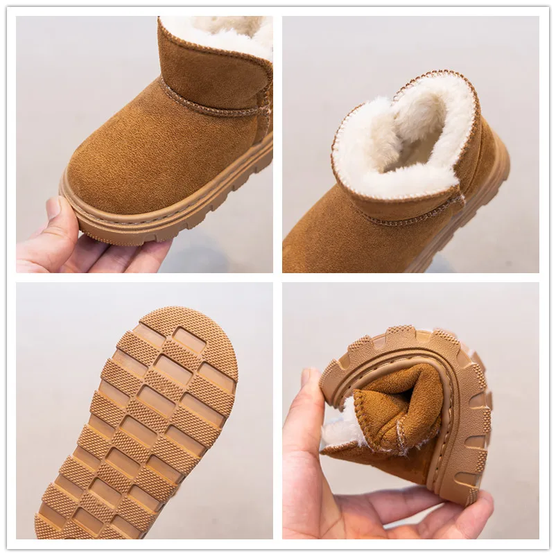 Botas gruesas de cuero con forro de felpa para niños y niñas, botas cálidas de algodón para invierno, antideslizantes, sencillas y versátiles, uso diario escolar, novedad de 2025