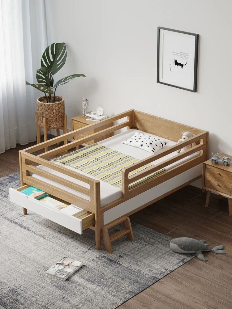 Solid wood crib with guardrail, baby bed, children's bed splicing, large bed, oak single person widened splicing bed