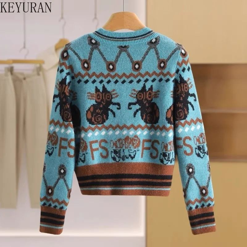 Vintage Jacquard Buttons Sweater Women Spring Autumn Fashion O-neck Long Sleeve Knitted Cardigan Coat Femme Knitwear Tops Jumper