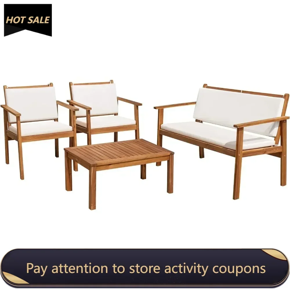 

Patio Furniture 4 Piece Outdoor Acacia Wood Patio Conversation Sofa Set With Table & Cushions Porch Furniture for Deck Balcony