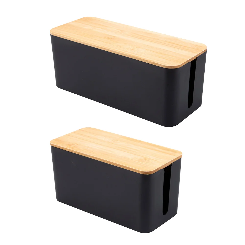 

2 Pcs Socket Storage Box Black Small Medium Wood Pattern Durable Cord Organizer Desk Wall Office Study Living Room