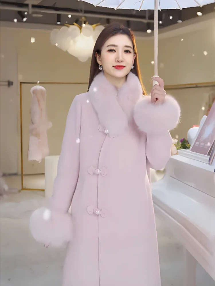 Casaco de Lã Elegante com Design de Botão, Comprimento Médio, Jaqueta Feminina Princ Sle, Casaco Longo de Tubo Reto