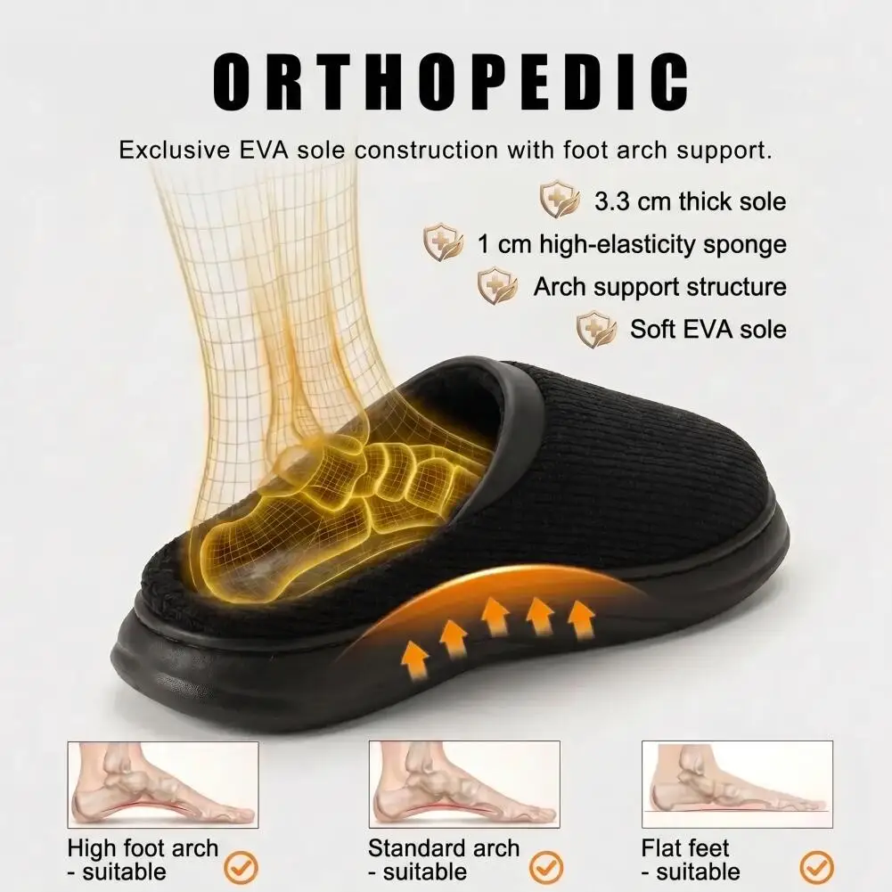 Wide last men's arch support platform slippers EVA sole anti slip knitted warm plush lining comfortable home shoes