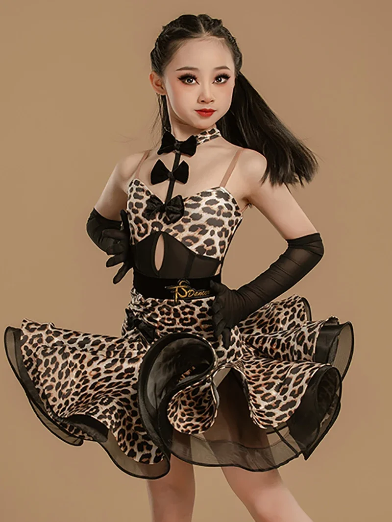 Erwachsene Kinder Lycra Ärmellose Leopardenmuster Latin Dance Kostüme Kinder Mädchen Ballsaal Wettbewerb Dancewear Mesh Kleider