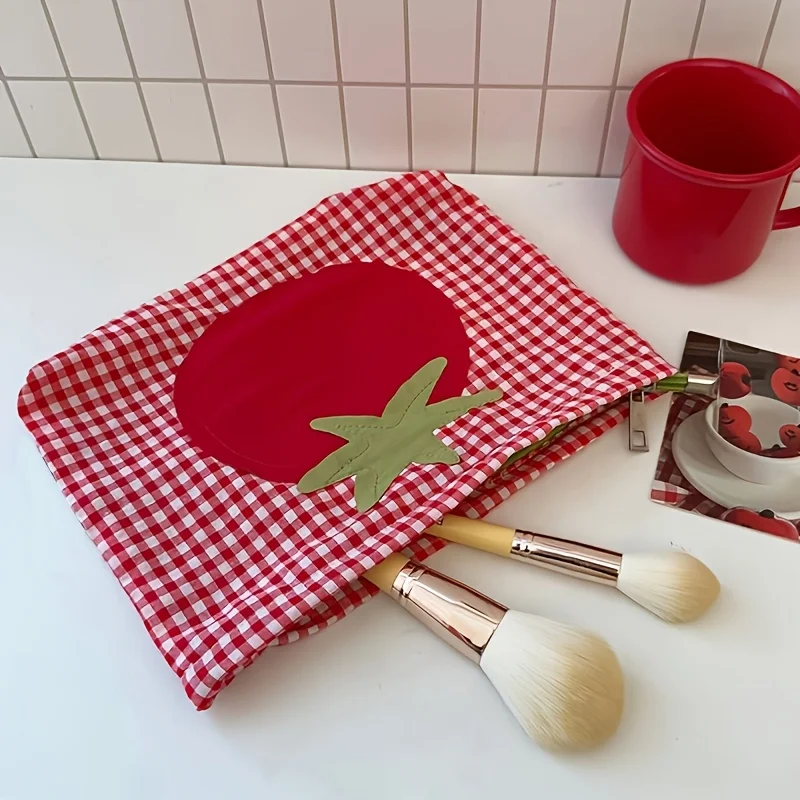 Red Plaid Cosmetic Bag Cute Tomato Patch Zipper Pouch Large Capacity Makeup Organizer for Travel Aesthetic Stationery Pen Bag