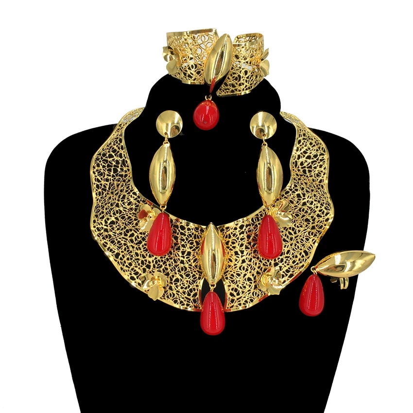 

Brazilian Gold Plated Full Copper Jewelry Set New Fashion Colorful Big Necklace Wedding Party Dating Accessory FHK14111