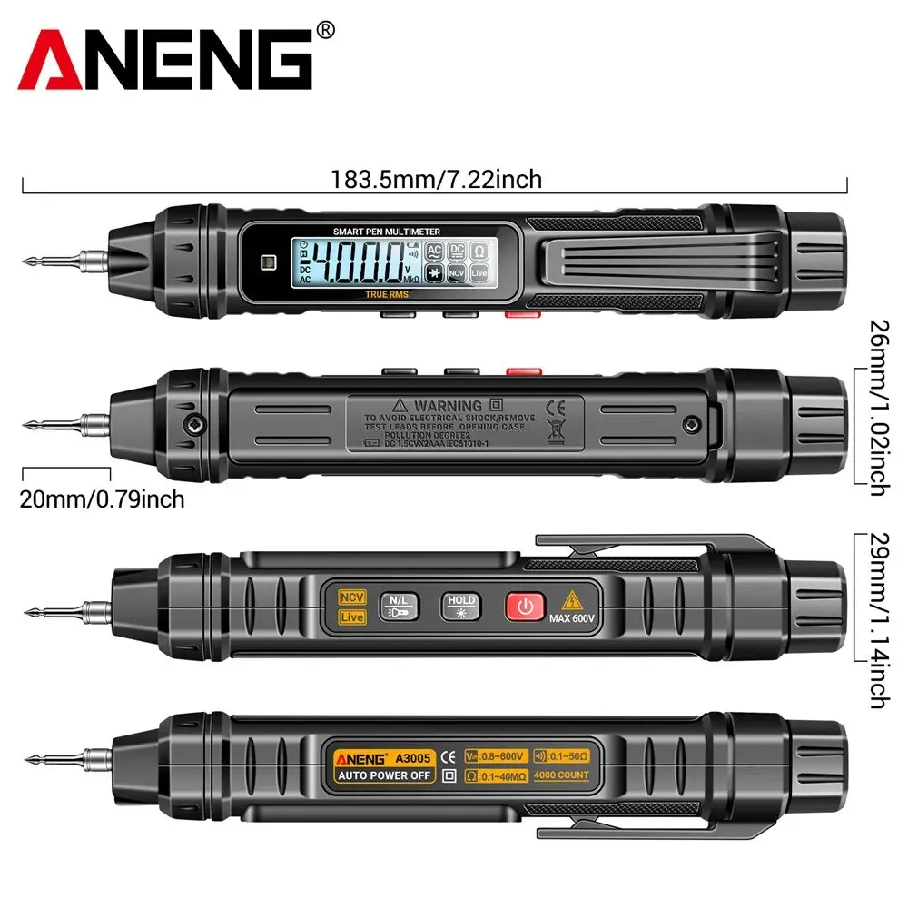 ANENG A3005 Pocket Pen Type Digital Multimeter Test Lead without Battery 4000 Counts LCD /Anti Display Screen True RMS Black Too