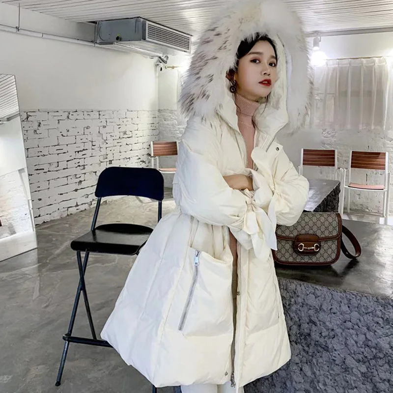 

Winter dress new fairy thickened raccoon dog's large fur collar, waist narrower, down jacket, women's medium long coat, white