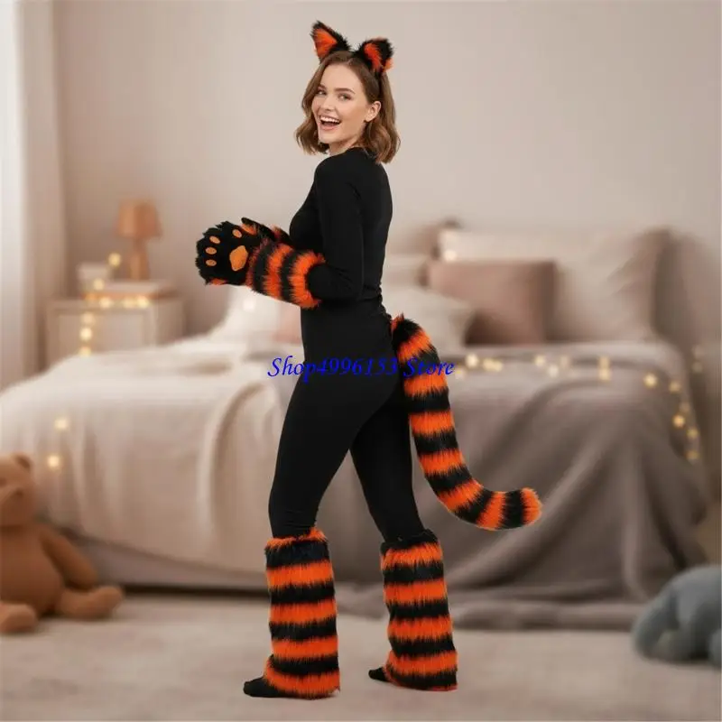 

Q0KE Practical Polyester Faux Furs Cosplay Set With Headband Tail Leg Warmers For Women Girls Comfortable Use In Event