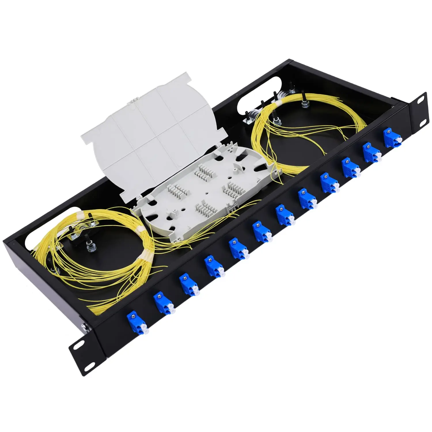 2 Duplex 24 Port LC-OS1 Rack Mount Enclosure Box + Splice Trays Fiber Cables Spool SingleMode LC-UPC Kit